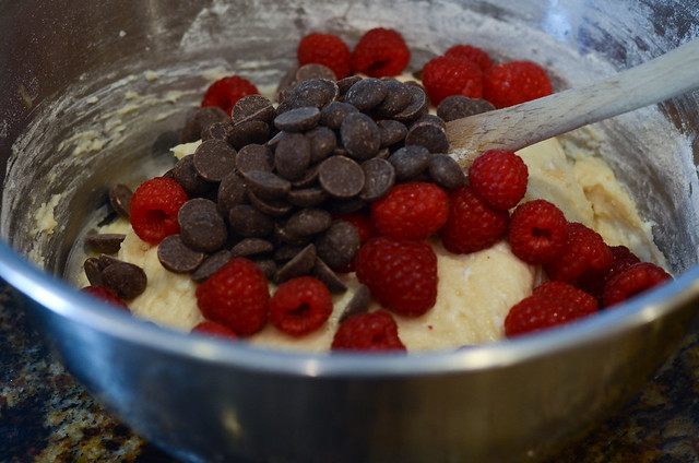 Raspberries and dark chocolate chips are folded into the batter.