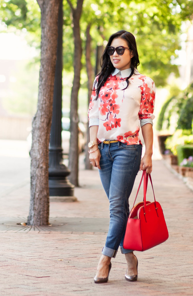 cute & little blog | petite fashion | cherry blossom mint floral top, cuffed jeans, kate spade red elissa bag | casual outfit