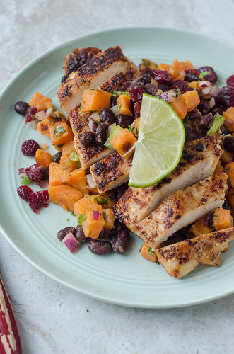 Spicy Chicken with Black Bean, Cranberry, and Sweet Potato Salsa