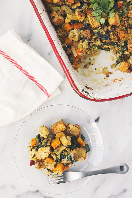 Roasted Butternut Squash, Apple and Leek Bread Stuffing with Collard Greens (Grain-free Option)