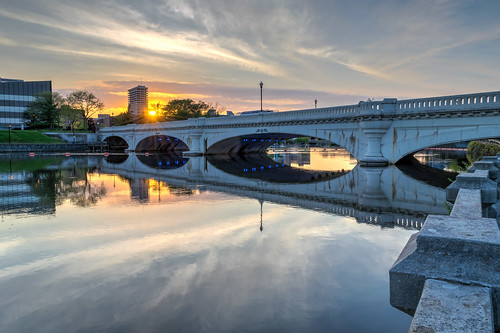 city bridge sunset sky urban reflection water clouds reflections river geotagged evening nikon downtown cityscape unitedstates indiana hdr southbend stjosephriver jeffersonstreetbridge nikond5300