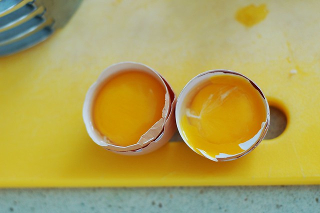Egg yolks separated for the Maple Pecan Chocolate Pie by Eve Fox, the Garden of Eating, copyright 2014