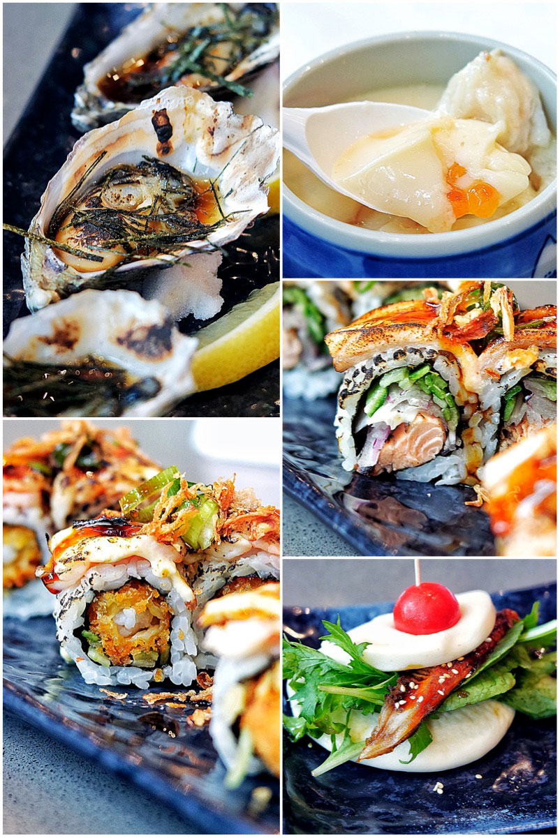 Clockwise from top left: Grilled oysters, Chawanmushi, Chippendale Roll, Eel Hamburg, Prawn Roll
