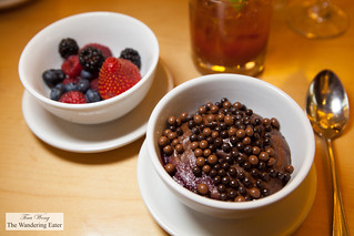 Bowl of mixed berries and Chocolate Mousse with crunchy chocolate pearls