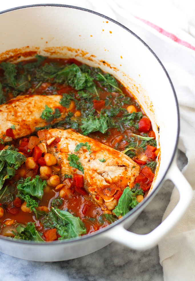 Chipotle Chicken Stew with Chickpeas and Kale - a quick and easy stew that requires on a few ingredients and barely any hands on work! #chickestew #chickpeas #kale #garbanzobeans #chipotlestew | littlespicejar.com