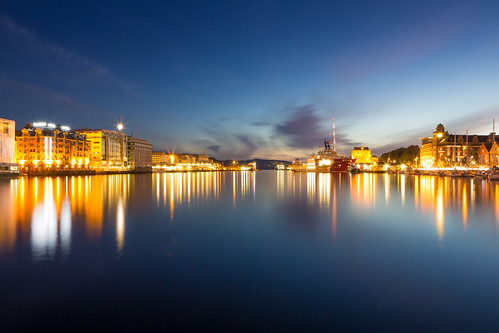 ocean blue light sea summer orange norway night port ink reflections harbor contrail ship cloudy harbour vessel wb reflected bluehour bergen sodium response