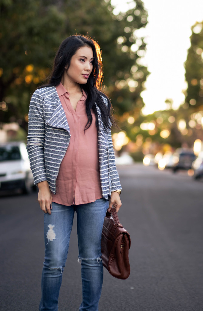 cute & little blog | petite fashion | maternity baby bump pregnant | loft specklestripe moto jacket, pink shirt, distressed maternity jeans, shoes of prey floral pumps | third trimester 27 weeks