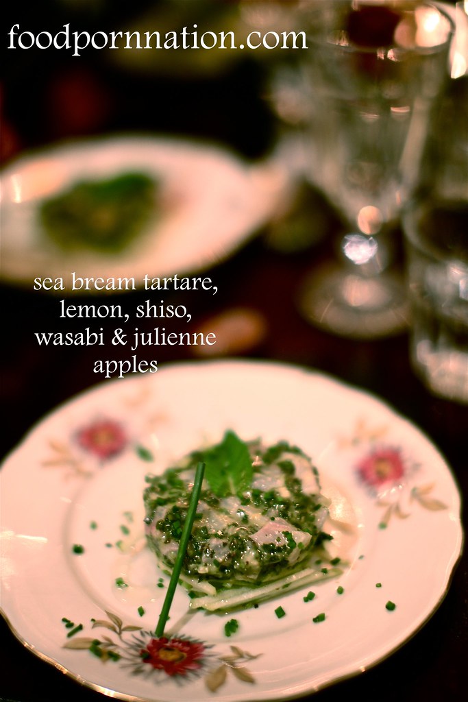 Sea Bream Tartare, Lemon, Shisho & Wasabi on Julienne Apples