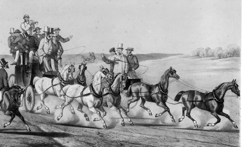 Four-in-hand horse-drawn coach to Henley regatta - lithograph - c. 1852