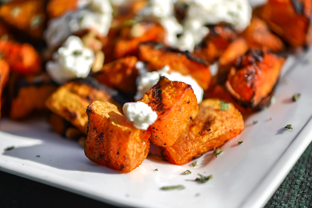 Grilled Butternut Squash With Fresh Ricotta, Pine Nuts, and Sage