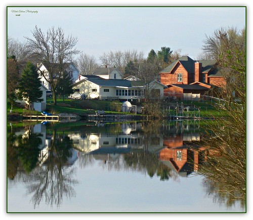 river channel reflection nature trees houses foxlake wisconsin canon picmonkey