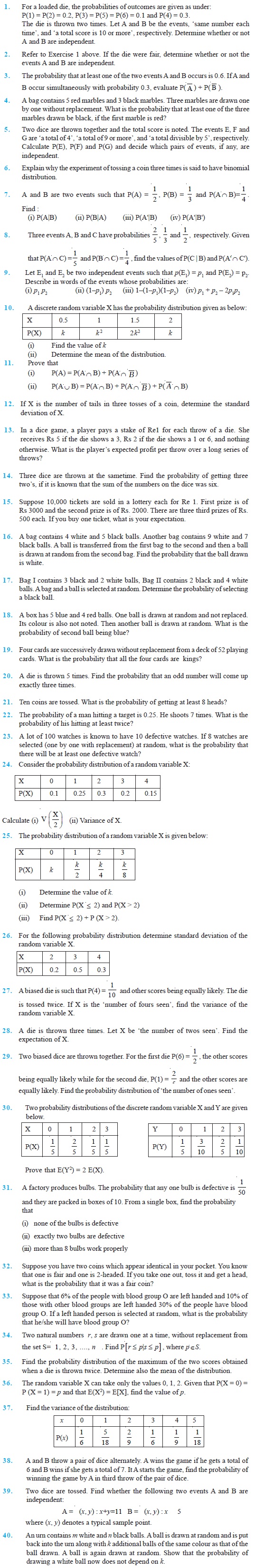 Class 12 Important Questions for Maths - Probability