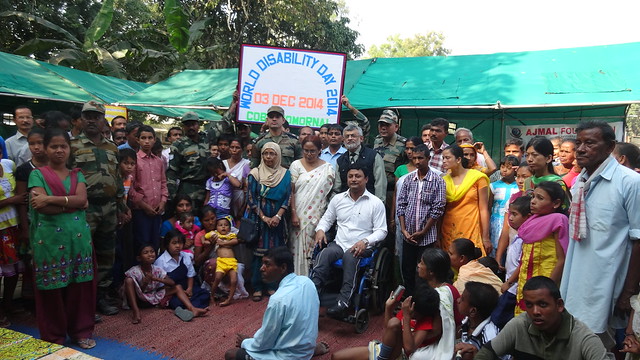 Differently-abled persons, their attendants, army officials and representatives of Ajmal Foundation are seen at the observance of World Day of the Disabled at COB Deomornoi in Darrang District on Wednesday