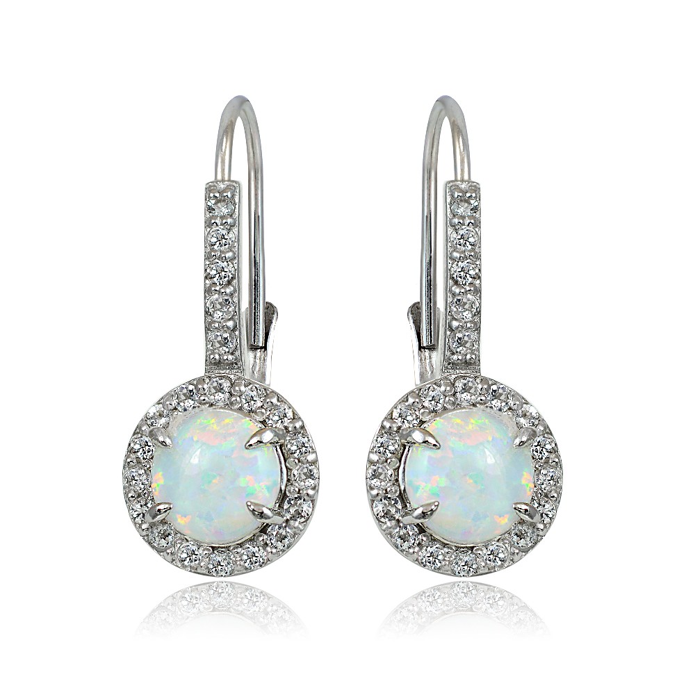 Sterling Silver .9ct Created White Opal and White Topaz Round Leverback ...