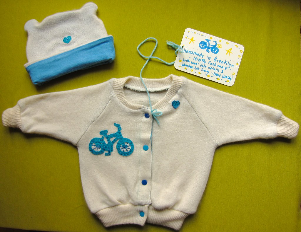Cashmere Baby Cardigan with Bike Appliqué and Matching Hat