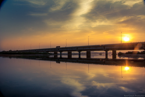 bridge sunset orange india river landscape bank bleu reflexion trichy