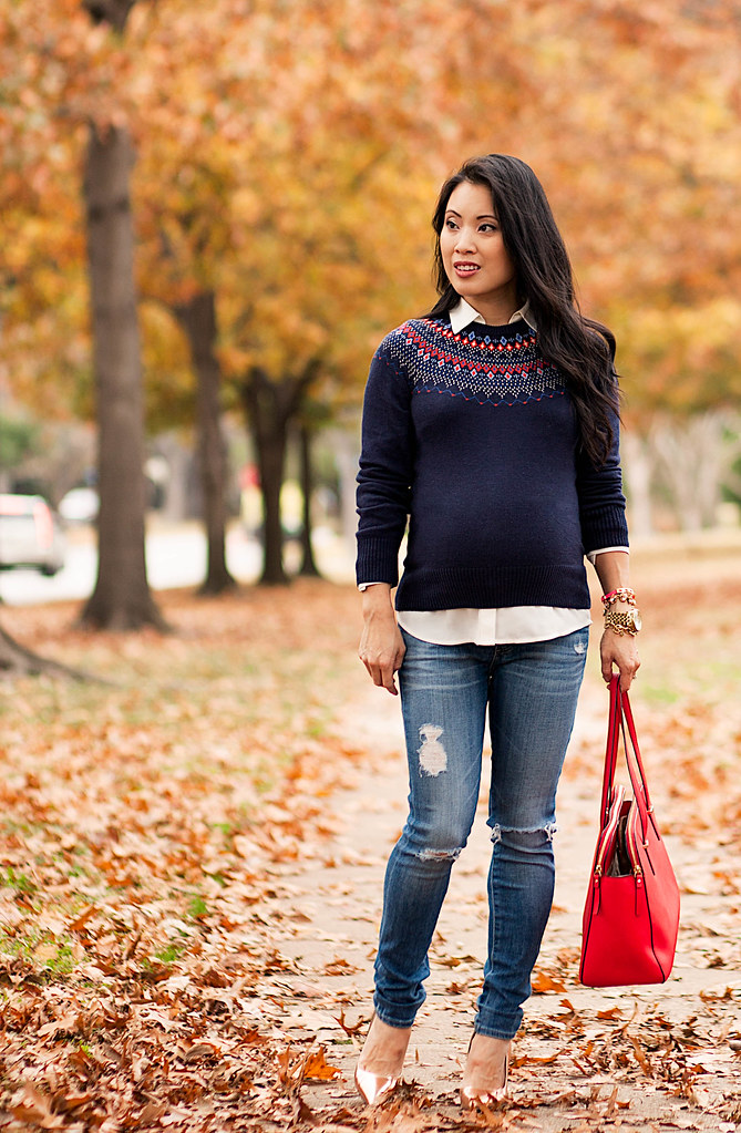 cute & little blog | petite fashion blog #maternity #bumpstyle | fair isle navy sweater, white button down blouse, distressed skinny jeans, kate spade rose gold pumps, kate spade red tote bag | fall winter layered outfit