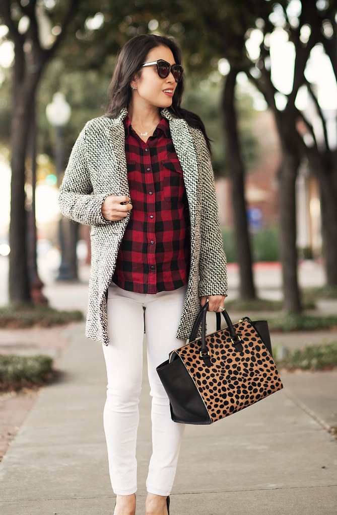 cute & little blog | petite fashion maternity | sheinside houndstooth coat, buffalo check shirt, white jeans, louboutin decollete, clare v sandrine leopard bag | fall winter outfit