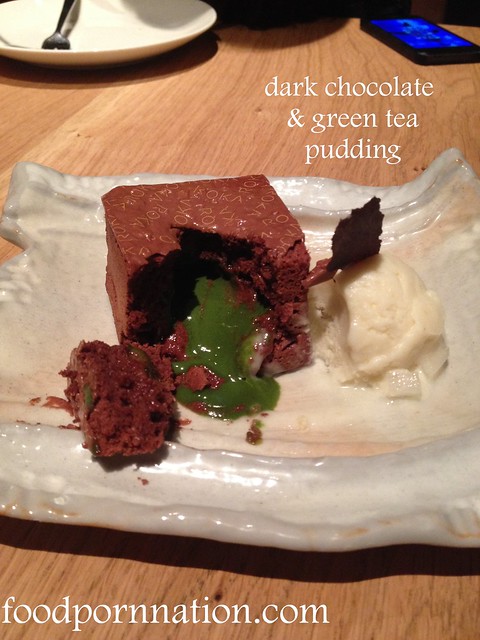 dark chocolate  & green tea  pudding with crunchy jivara chocolate and pear ice cream