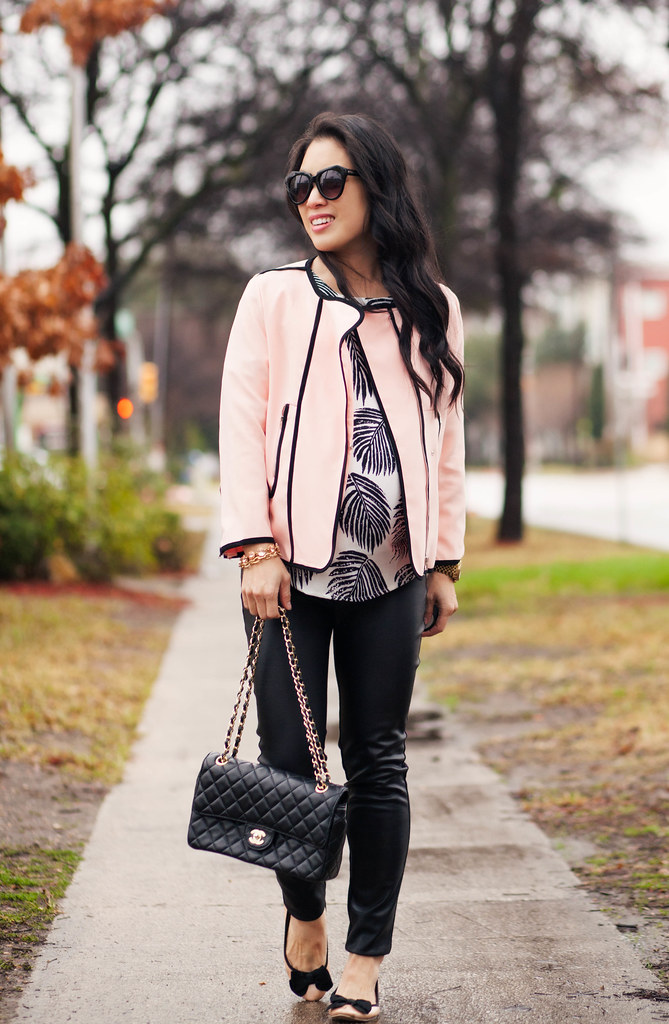 cute & little blog | petite fashion maternity | pink black piping blazer, leaf print top, leather pants, pink bow flats, chanel flap purse | fall outfit