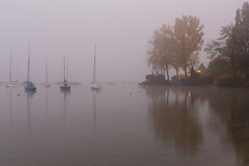 lake reflection fog switzerland boat zurich