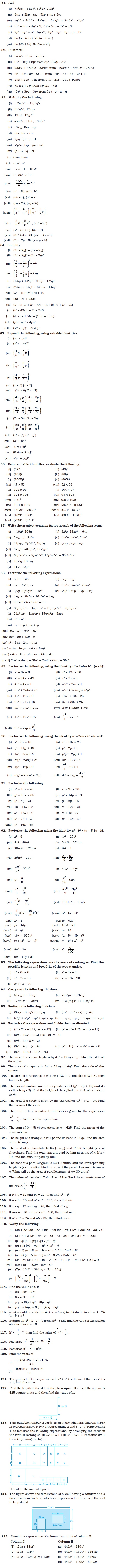 Algebraic Expressions, Identities and Factorisation