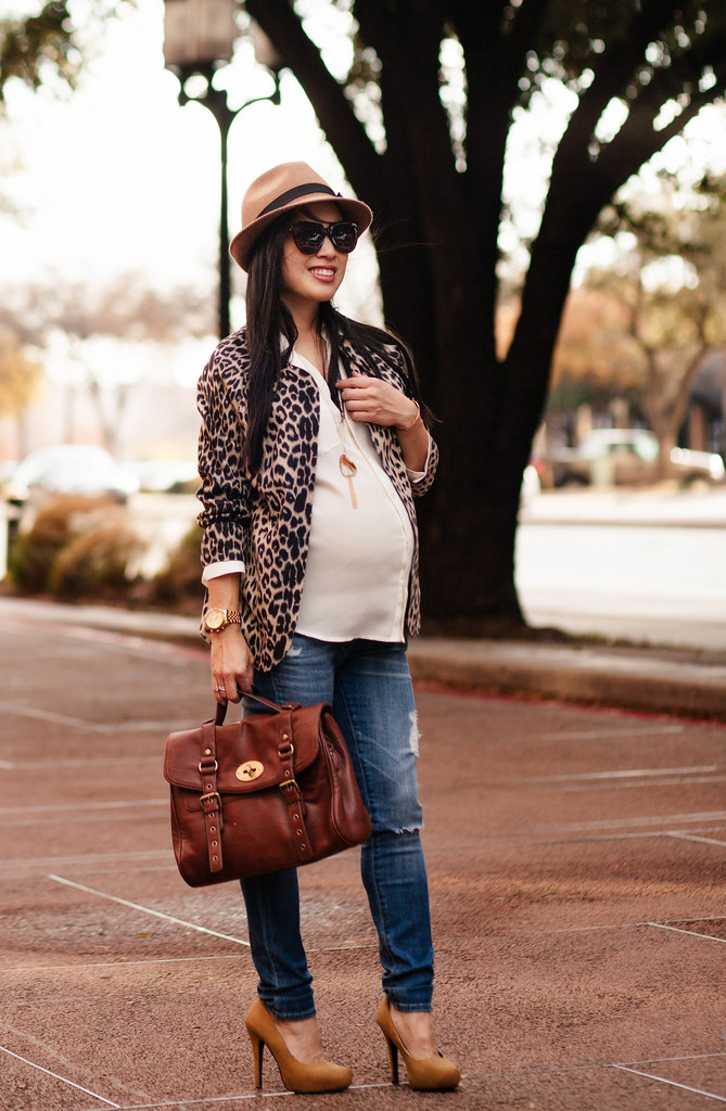 cute & little blog | petite fashion | maternity bumpstyle third trimester 33 weeks | leopard blazer, white button down shirt, ag distressed skinny jeans maternity, nordstrom trilby felt hat | fall outfit layering
