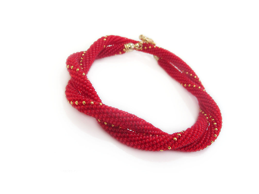One of a kind bright red custom made beaded crochet bracelet