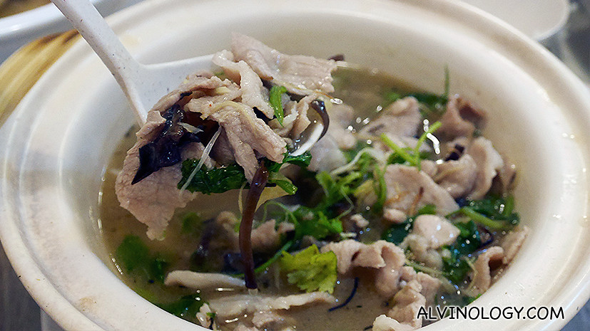 Claypot Pork in Sesame Oil (S$15/23/30) - cooked with chinese wine, tender pork slices, ginger, black fungus and sesame oil. 