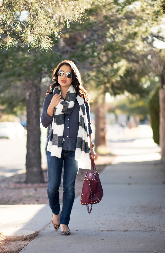 cute & little blog | petite fashion | maternity baby bump pregnant | forever 21 striped scarf, loft mixed media blouse, citizens of humanity racer maternity jeans, ivanka trump tizzy leopard flat, ray ban mirrored aviators, burgundy barrel bag | third tri