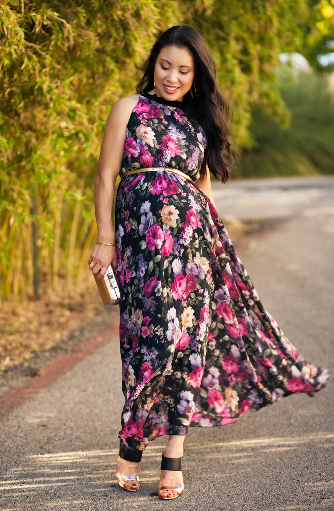 cute & little blog | petite fashion | maternity baby bump pregnant | abaday floral sleeveless pleated maxi, gold skinny belt, gold black sandal pumps | third trimester 27 weeks