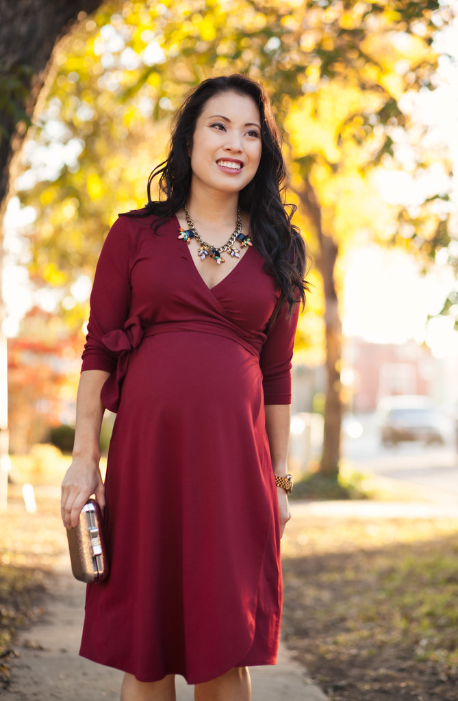 cute & little blog | petite fashion | maternity bumpstyle third trimester | isabella oliver classic wrap dress, kate spade rose gold licorice pumps, gold case clutch | fall outfit