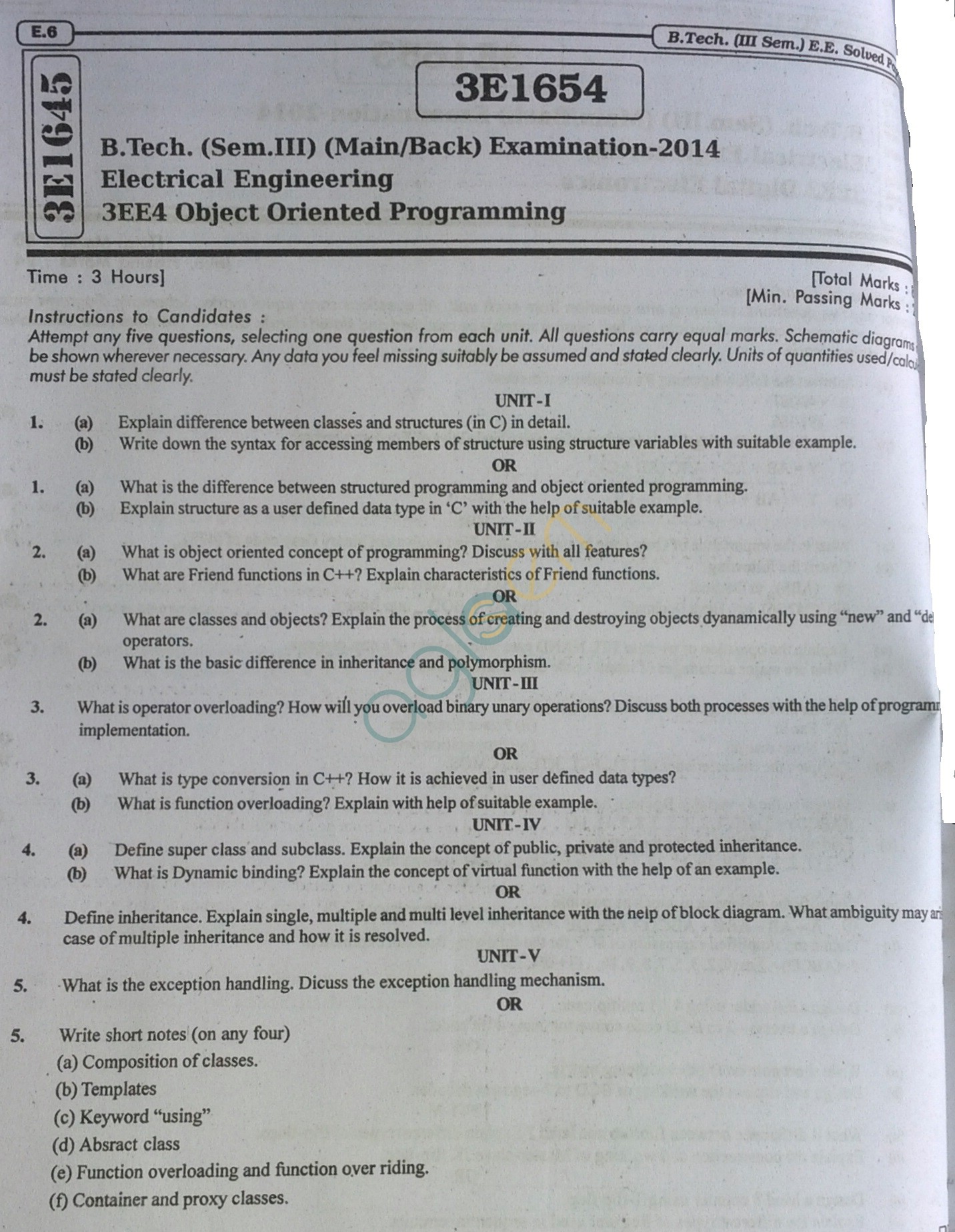 RTU: Question Papers 2014 - 3 Semester - EE - 3E1654