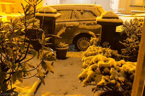 winter snow art car yellow night garden photography scotland streetlight streetview ayrshire sodiumlight baytree frontdoorview newmilns irvinevalley vauxhallastraestate sonydt18250mmf3563 sonyslta77v ronniebarron rcb4j