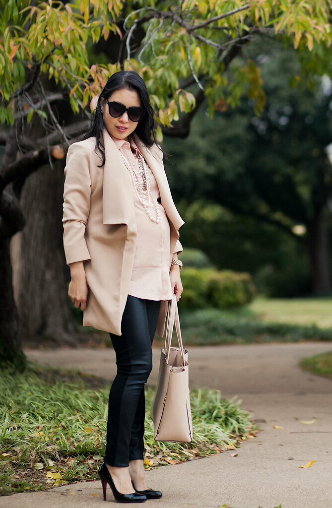 cute & little blog | petite fashion | maternity baby bump pregnancy | oasap cape collar wool coat, loft mixed media blouse, ann taylor tiered pearl necklace, target leather ponte pants, louboutin decollete pumps, ann taylor gallery tote | fall winter outf