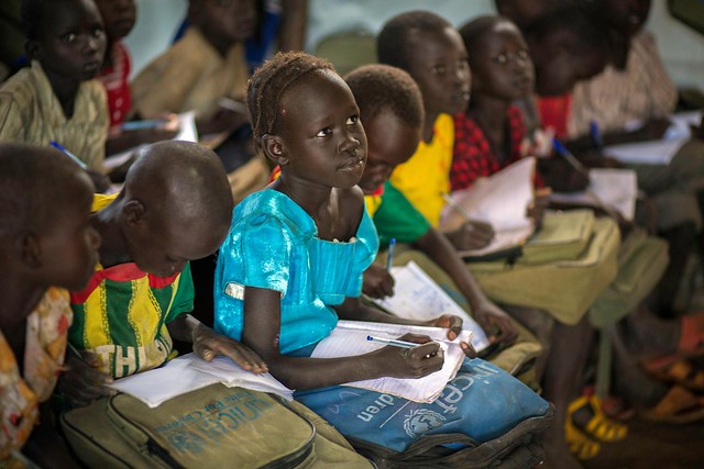 Refugee children from South Sudan learn at a makeshift school at Kule Camp in Gambella region of Ethiopia