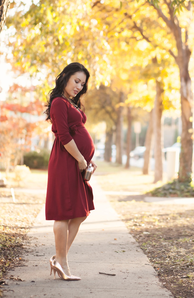 cute & little blog | petite fashion | maternity bumpstyle third trimester | isabella oliver classic wrap dress, kate spade rose gold licorice pumps, gold case clutch | fall outfit