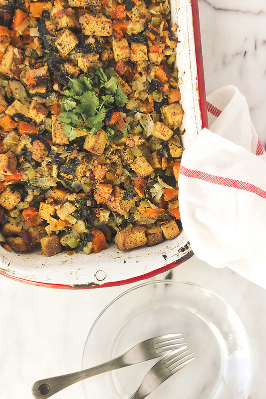 Roasted Butternut Squash, Apple and Leek Bread Stuffing with Collard Greens (Grain-free Option)