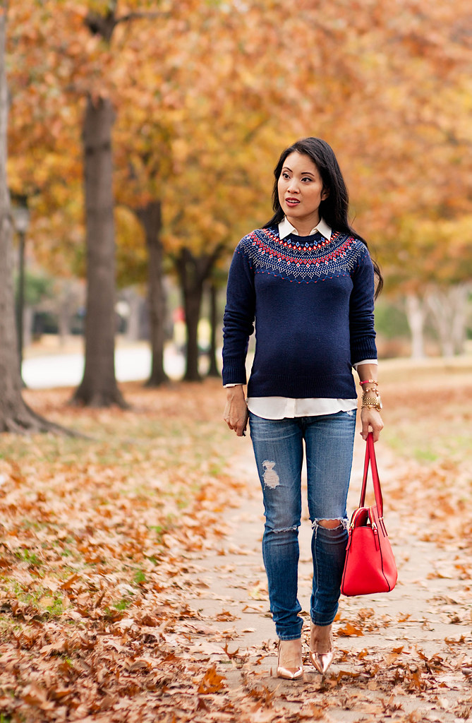 cute & little blog | petite fashion blog #maternity #bumpstyle | fair isle navy sweater, white button down blouse, distressed skinny jeans, kate spade rose gold pumps, kate spade red tote bag | fall winter layered outfit