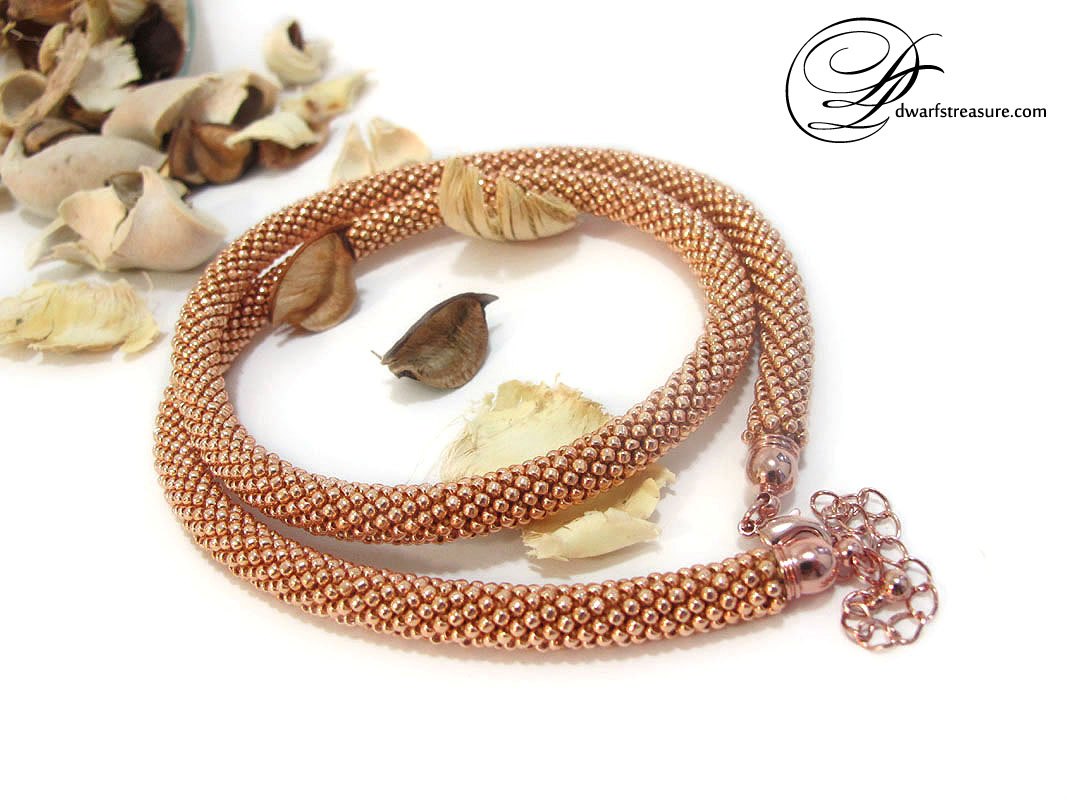 Pretty rose gold wrap beaded crochet rope bracelet or short necklace