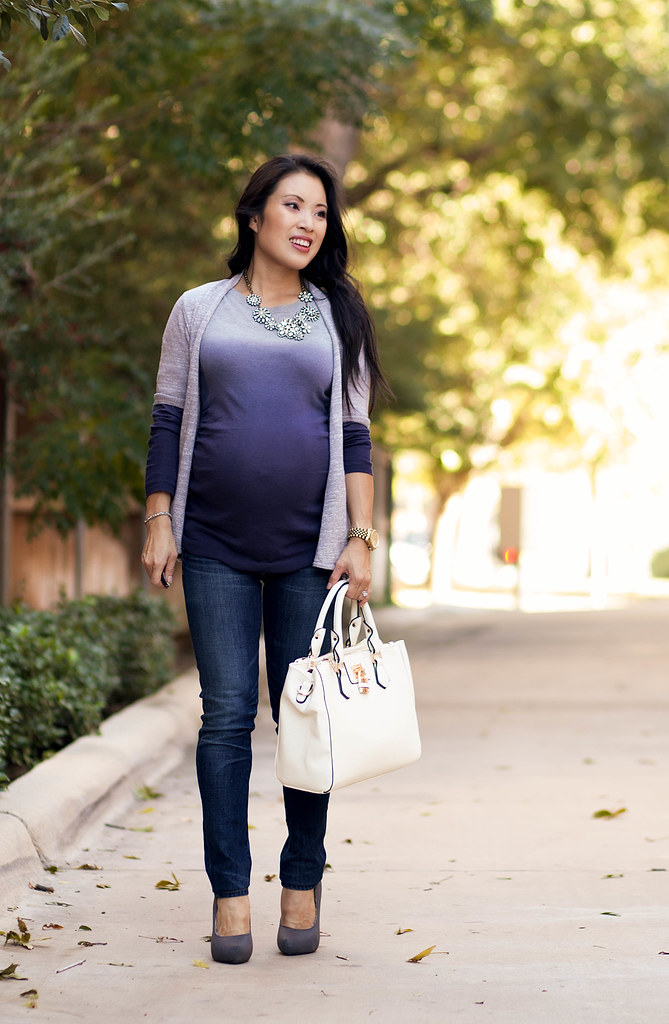 cute & little blog | petite fashion | maternity baby bump pregnant | the limited grey cardigan, gap maternity ombre knit, citizens of humanity maternity jeans, crystal cluster statement necklace, handbag heaven evelyn lock satchel | fall outfit | third tr