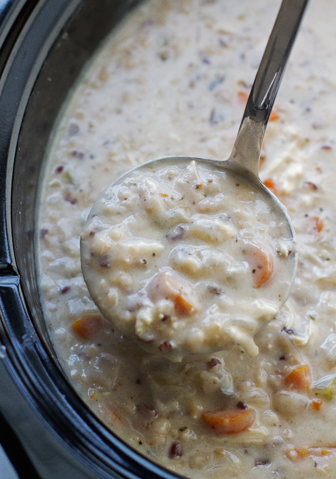 Chicken Wild Rice Soup {Slow Cooker} A creamy soup that cooks itself in the slow cooker. This soup is so warm and comforting! #slowcooker #crockpot #chickenwildricesoup #wildrice #soup | littlespicejar.com