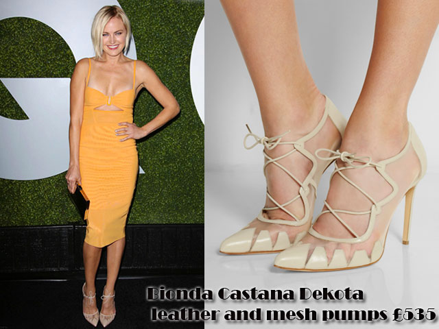 Bionda-Castana-Dekota-leather-and-mesh-pumps,GQ Men Of The Year awards, mesh heels, Bionda Castana Dekota leather and mesh pumps, plunging, cleavage baring, cut out yellow gown, black & gold clutch, yellow cut out dress, spaghetti strap gown, thin strap yellow gown