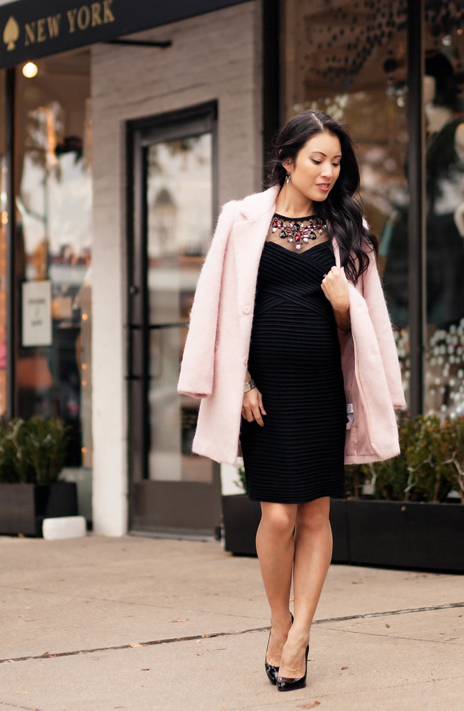 cute & little blog | petite fashion | maternity bumpstyle third trimester 33 weeks | dressbarn embellished pintucked sheer mesh little black dress lbd, pink wool coat | winter holiday outfit