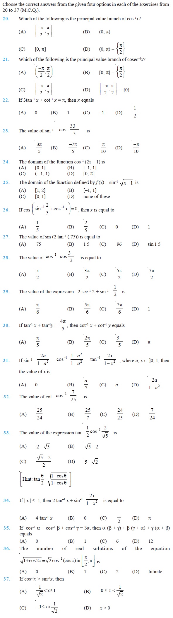 Class 12 Important Questions for Maths - Inverse Trigonometric Function