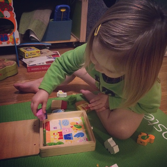 Working with the farm puzzle/playset that was part of her Little Pnuts shipment (thanks, Uncle Ryan and Aunt Jenny!)