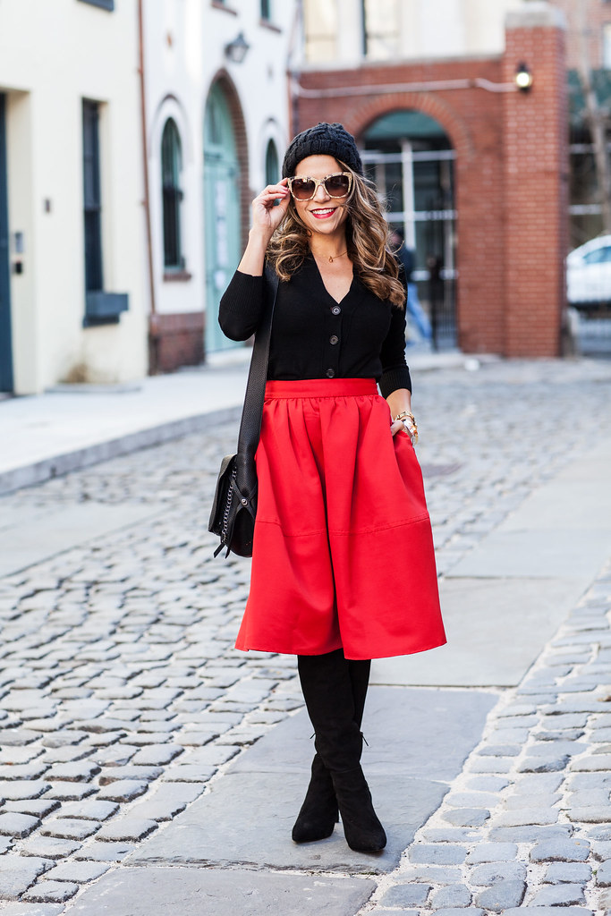 express red mid skirt dakotah coach stachel black bag joie black suede boots over the knee suede boots jcrew cardigan black sweater dolce and gabbana gold lace sunglasses black beanie forever 21 hat nyc fashion blogger holiday outfits 