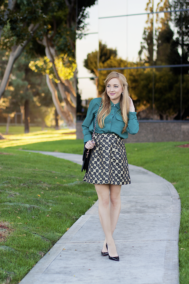 classic button up blouse and flared skirt