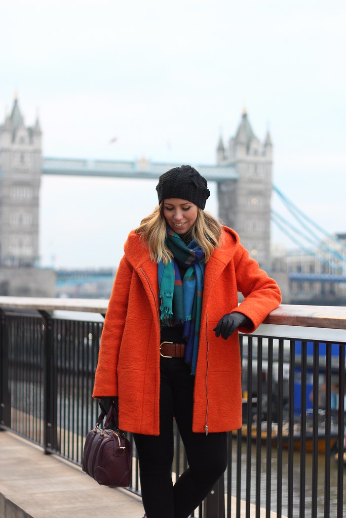 Neon Sneakers & Orange Coat at Tower Bridge | London | #LivingAfterMidnite