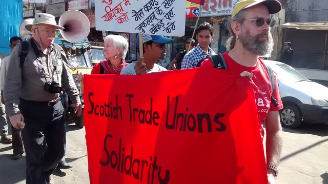 Representatives of Scottish Trade Unions taking part in the rally of Bhopal gas victims on Wednesday.[Photo by Nabeel Bari ]